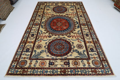 203 x 302 cm | Oriental Suzani beige Area Rug Afghan Tribal Hand Knotted Wool Carpet
