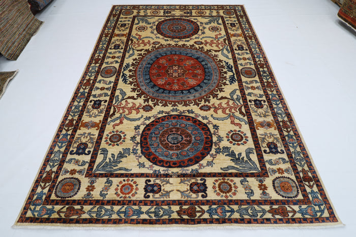203 x 302 cm | Oriental Suzani beige Area Rug Afghan Tribal Hand Knotted Wool Carpet