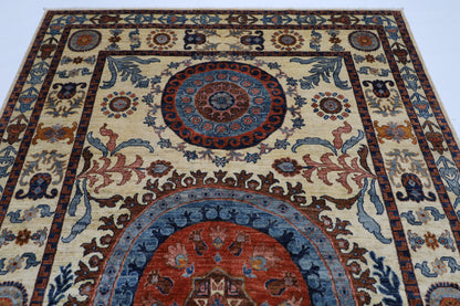 203 x 302 cm | Oriental Suzani beige Area Rug Afghan Tribal Hand Knotted Wool Carpet