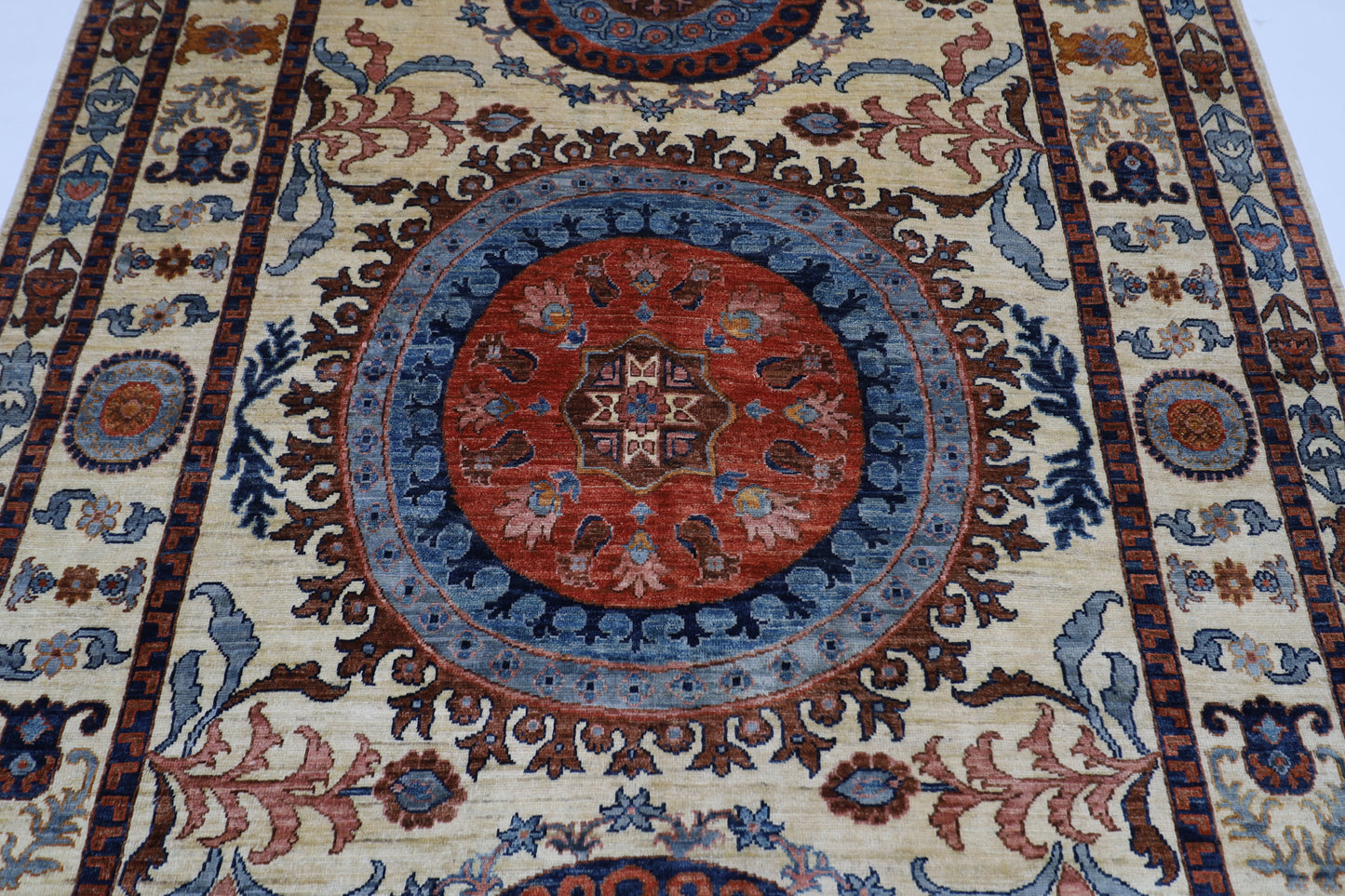 203 x 302 cm | Oriental Suzani beige Area Rug Afghan Tribal Hand Knotted Wool Carpet