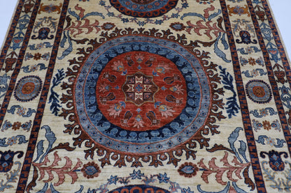 203 x 302 cm | Oriental Suzani beige Area Rug Afghan Tribal Hand Knotted Wool Carpet