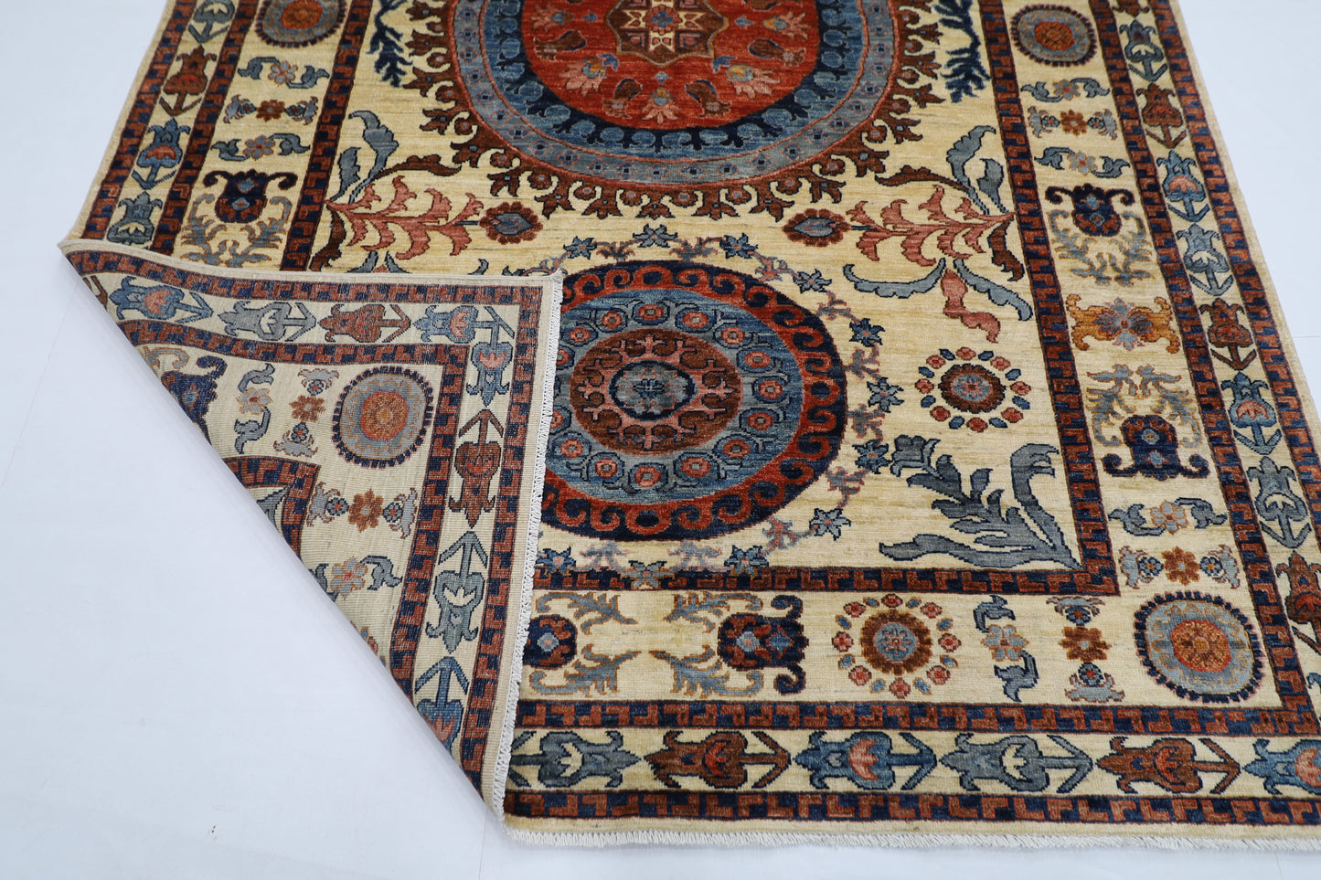 203 x 302 cm | Oriental Suzani beige Area Rug Afghan Tribal Hand Knotted Wool Carpet