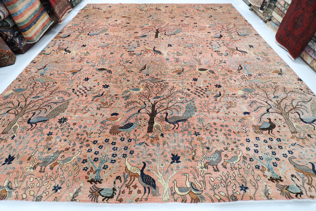 391 x 467 cm | Pink Birds Afghan Veg Dye Wool carpet