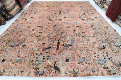 391 x 467 cm | Pink Birds Afghan Veg Dye Wool carpet