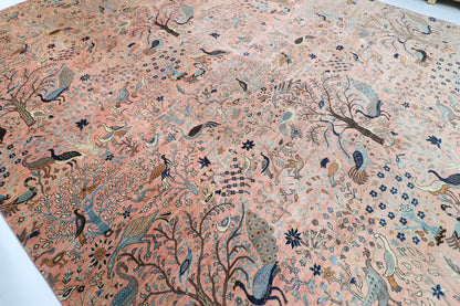 391 x 467 cm | Pink Birds Afghan Veg Dye Wool carpet