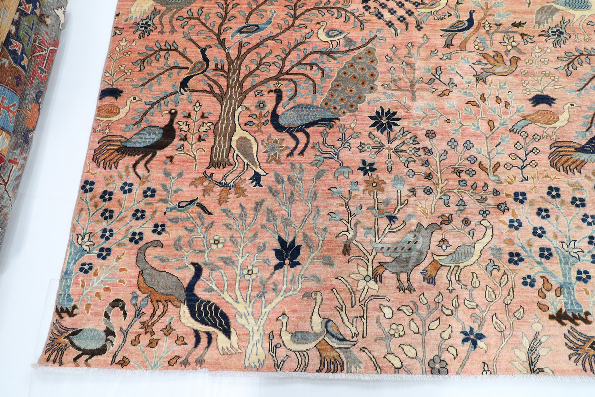 391 x 467 cm | Pink Birds Afghan Veg Dye Wool carpet