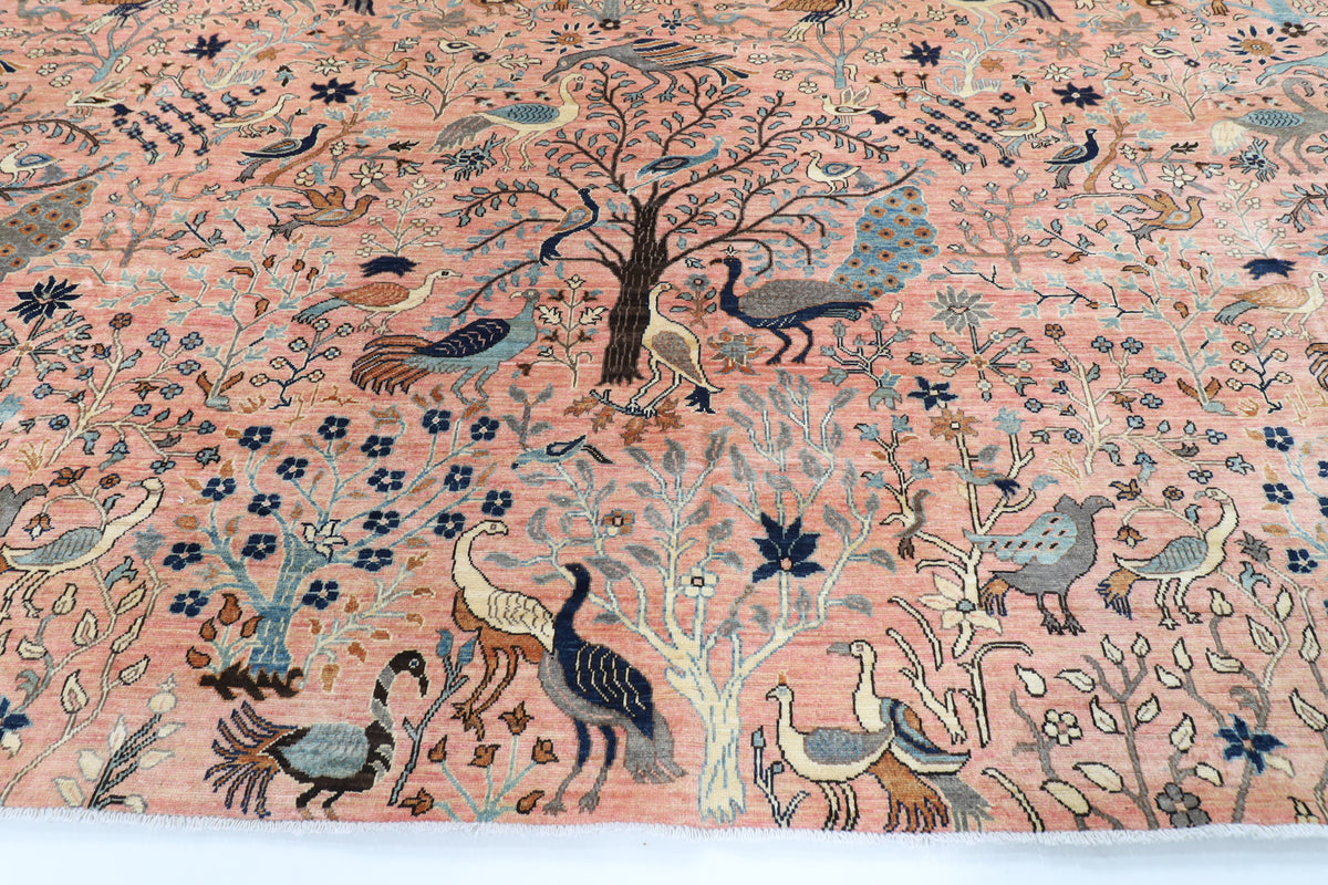 391 x 467 cm | Pink Birds Afghan Veg Dye Wool carpet