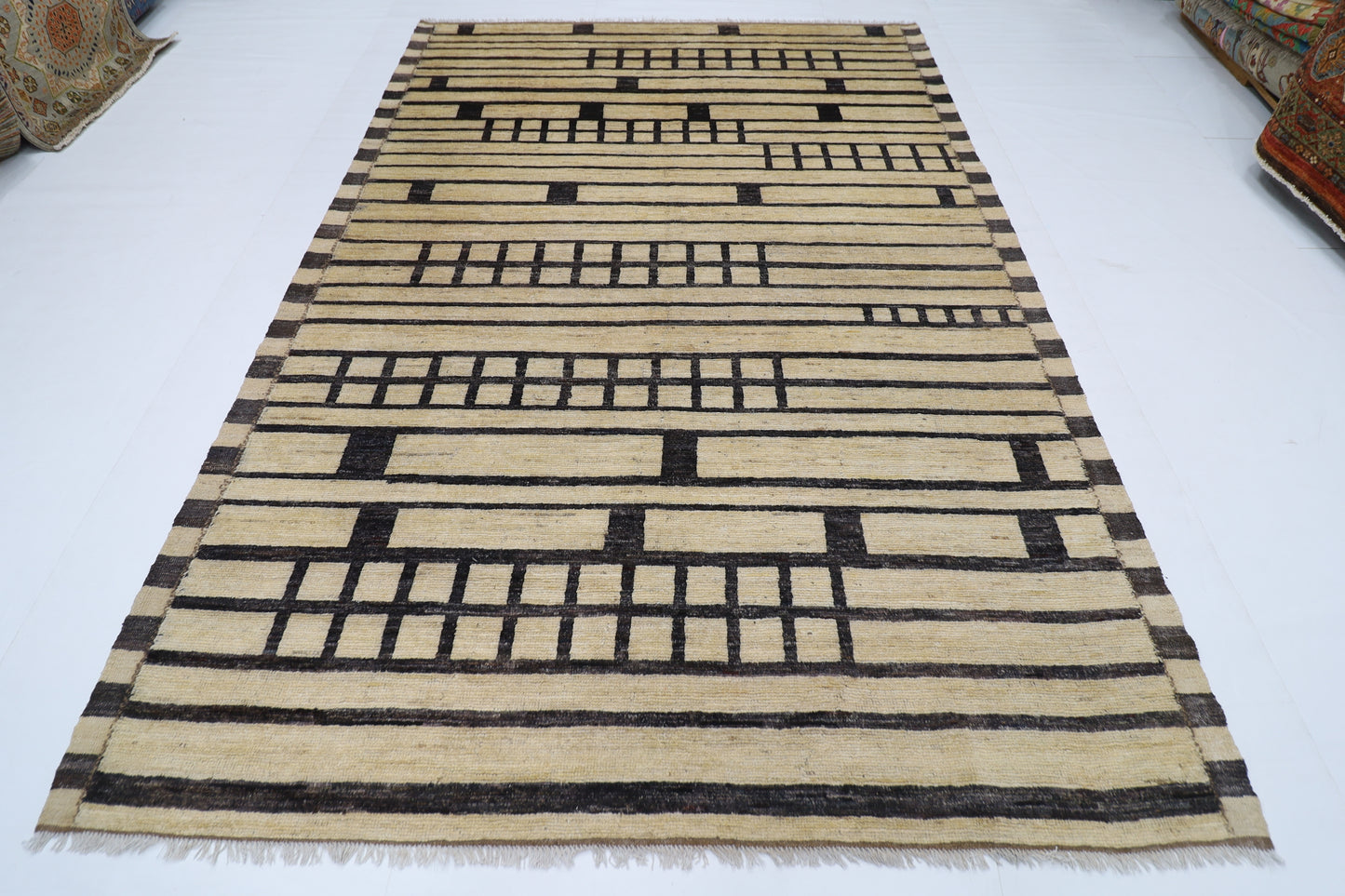 212 x 303 cm | Oriental Moroccan Beige Area Rug Afghan Tribal Hand Knotted Wool Carpet