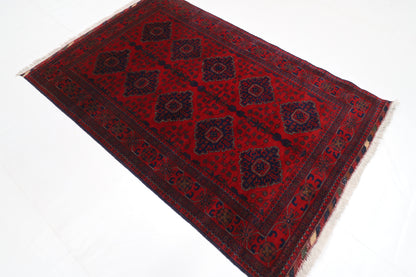 133 x 204 cm | Oriental Geometric Red Area Rug Afghan Tribal Hand Knotted Wool Carpet