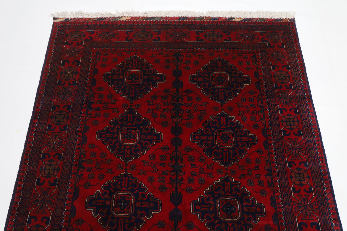 133 x 204 cm | Oriental Geometric Red Area Rug Afghan Tribal Hand Knotted Wool Carpet