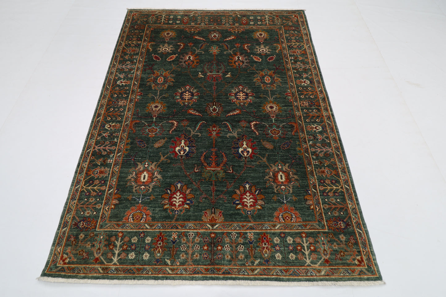 148 x 201 cm | Oriental Floral Green Area Rug Afghan Tribal Hand Knotted Wool Carpet