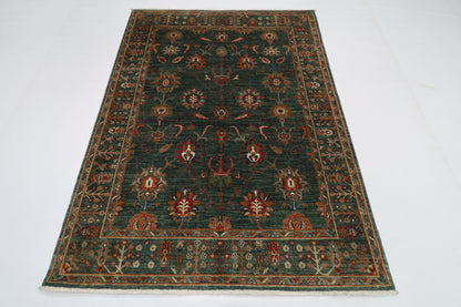 148 x 201 cm | Oriental Floral Green Area Rug Afghan Tribal Hand Knotted Wool Carpet