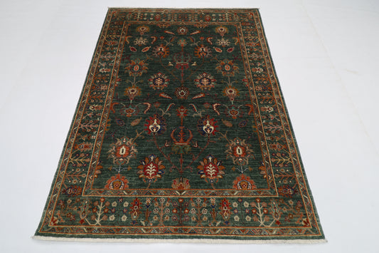 148 x 201 cm | Oriental Floral Green Area Rug Afghan Tribal Hand Knotted Wool Carpet