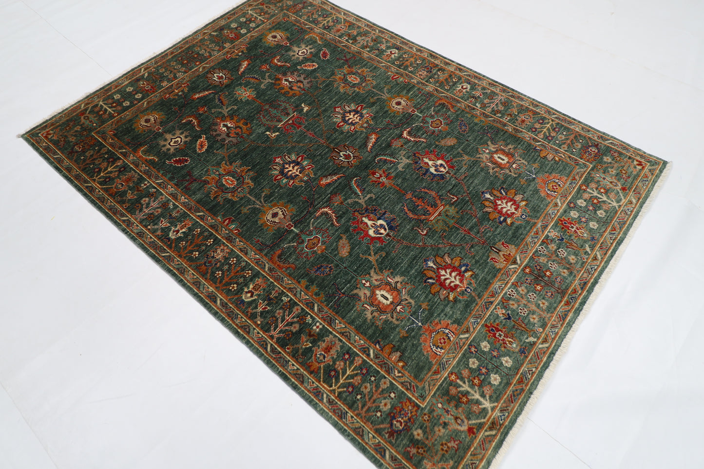 148 x 201 cm | Oriental Floral Green Area Rug Afghan Tribal Hand Knotted Wool Carpet