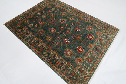 148 x 201 cm | Oriental Floral Green Area Rug Afghan Tribal Hand Knotted Wool Carpet