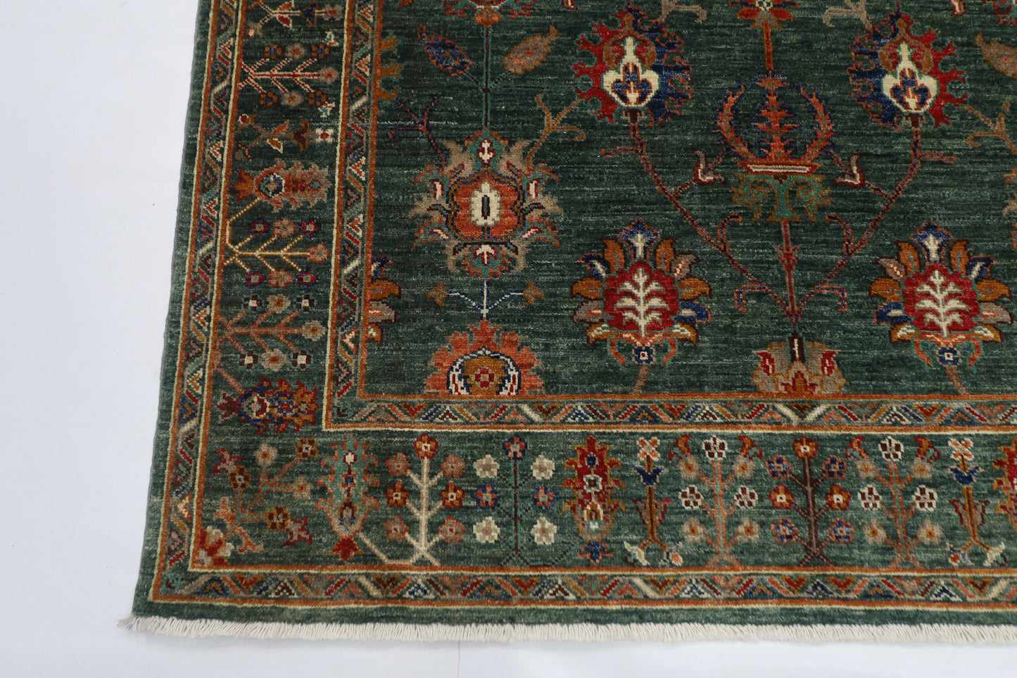 148 x 201 cm | Oriental Floral Green Area Rug Afghan Tribal Hand Knotted Wool Carpet