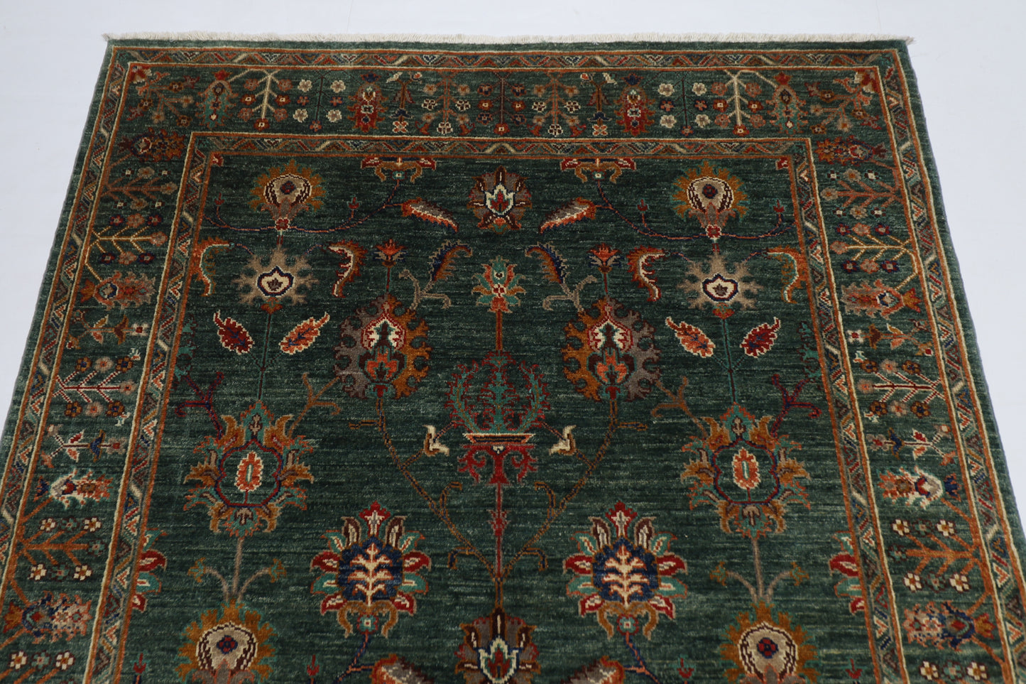148 x 201 cm | Oriental Floral Green Area Rug Afghan Tribal Hand Knotted Wool Carpet