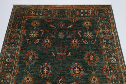 148 x 201 cm | Oriental Floral Green Area Rug Afghan Tribal Hand Knotted Wool Carpet