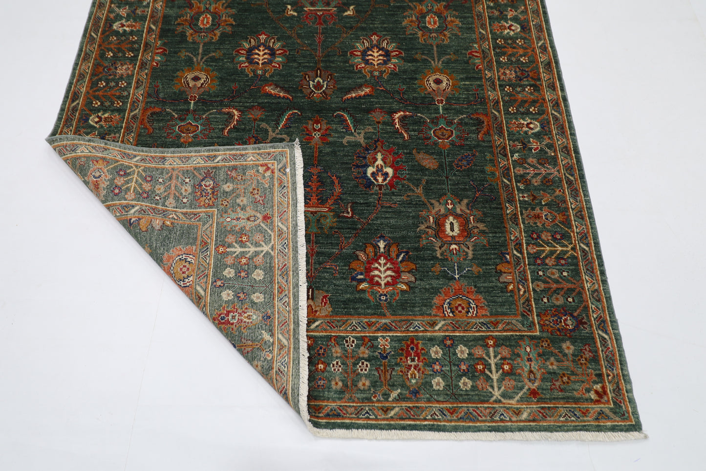 148 x 201 cm | Oriental Floral Green Area Rug Afghan Tribal Hand Knotted Wool Carpet