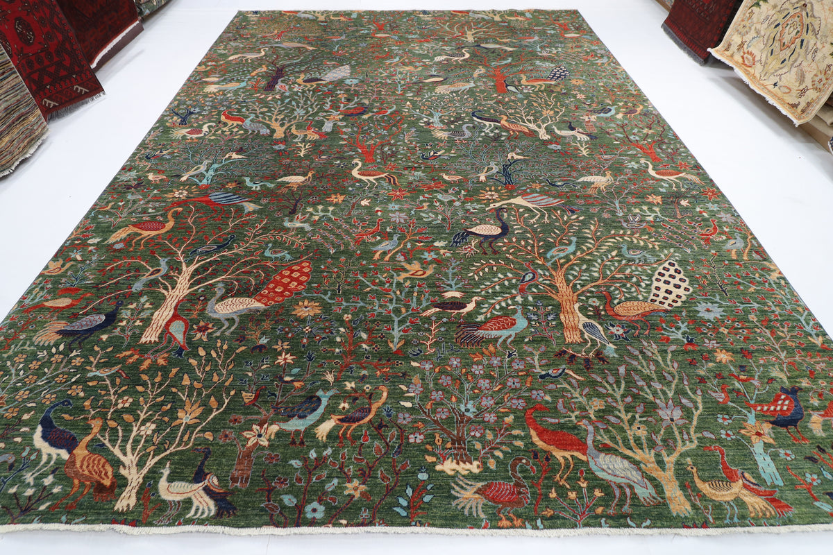 302 x 417 cm | Large Birds Green Hand Knotted veg Dye Wool Afghan Carpet