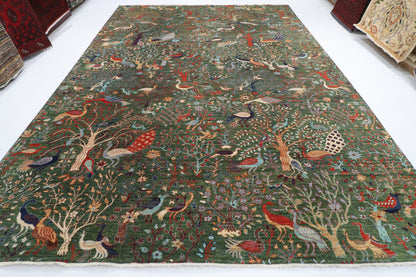 302 x 417 cm | Large Birds Green Hand Knotted veg Dye Wool Afghan Carpet