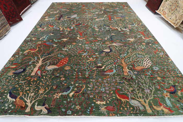 302 x 417 cm | Large Birds Green Hand Knotted veg Dye Wool Afghan Carpet