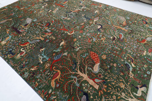 302 x 417 cm | Large Birds Green Hand Knotted veg Dye Wool Afghan Carpet