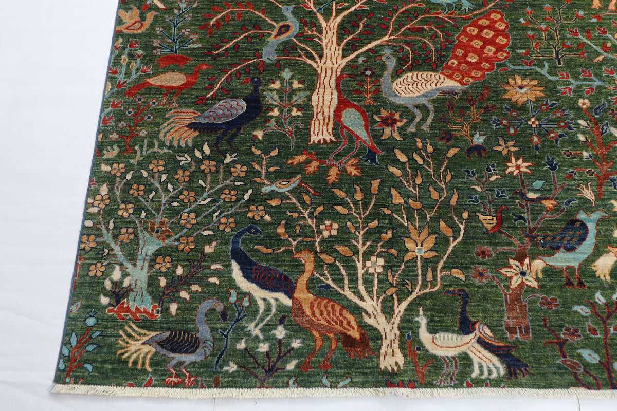 302 x 417 cm | Large Birds Green Hand Knotted veg Dye Wool Afghan Carpet