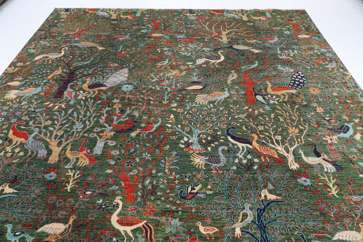 302 x 417 cm | Large Birds Green Hand Knotted veg Dye Wool Afghan Carpet