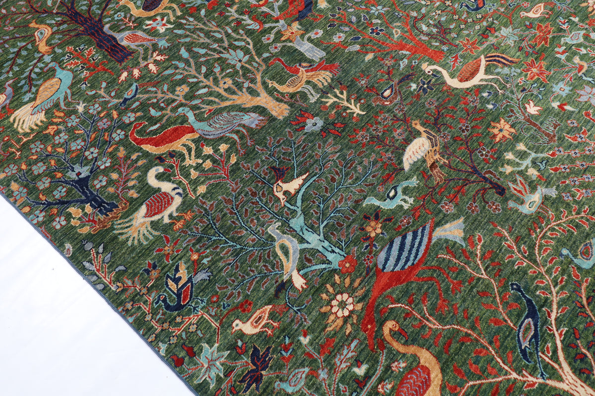 302 x 417 cm | Large Birds Green Hand Knotted veg Dye Wool Afghan Carpet