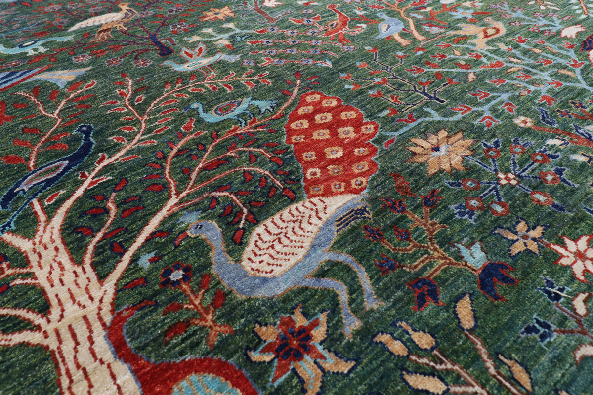 302 x 417 cm | Large Birds Green Hand Knotted veg Dye Wool Afghan Carpet