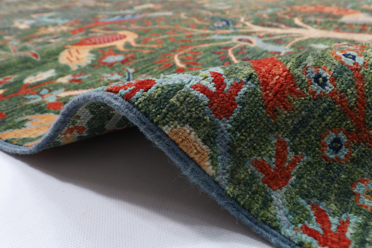 302 x 417 cm | Large Birds Green Hand Knotted veg Dye Wool Afghan Carpet