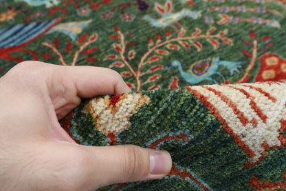 302 x 417 cm | Large Birds Green Hand Knotted veg Dye Wool Afghan Carpet