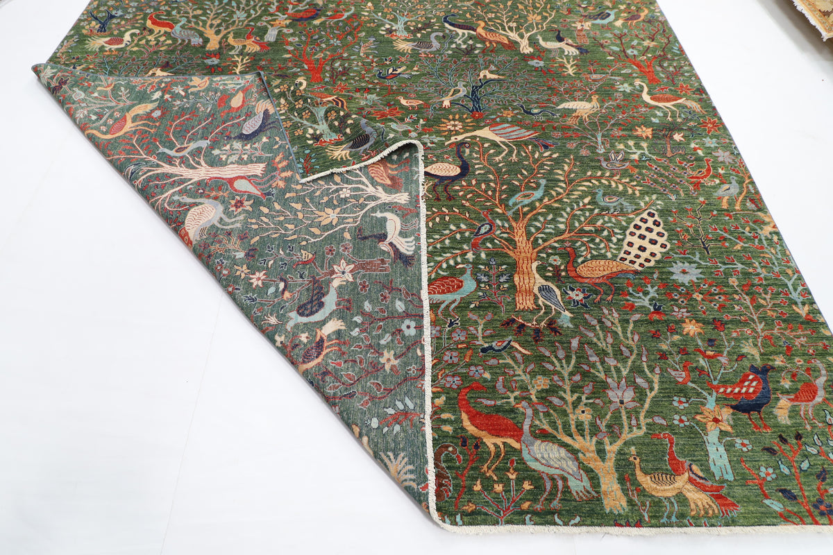 302 x 417 cm | Large Birds Green Hand Knotted veg Dye Wool Afghan Carpet