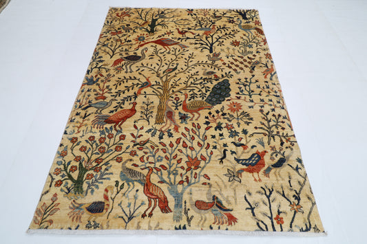 153 x 202 cm | Oriental Birds beige Area Rug Afghan Tribal Hand Knotted Wool Carpet