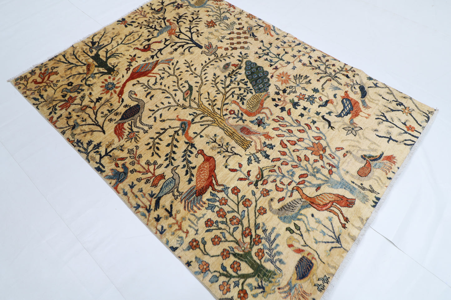 153 x 202 cm | Oriental Birds beige Area Rug Afghan Tribal Hand Knotted Wool Carpet
