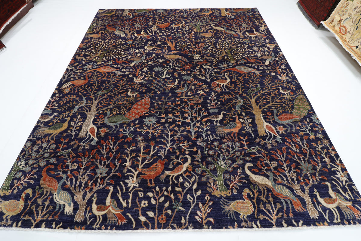 250 x 300 cm | Birds Blue design Hand Knotted veg Dye Wool Afghan Carpet