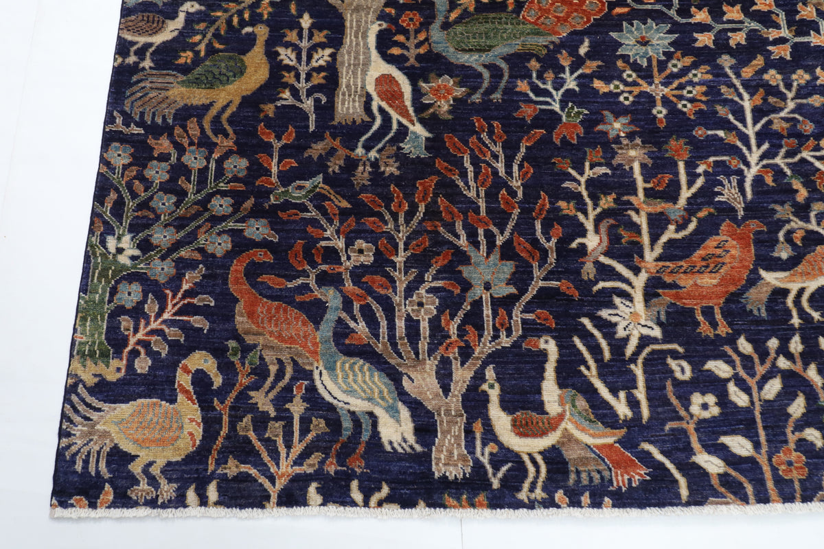 250 x 300 cm | Birds Blue design Hand Knotted veg Dye Wool Afghan Carpet