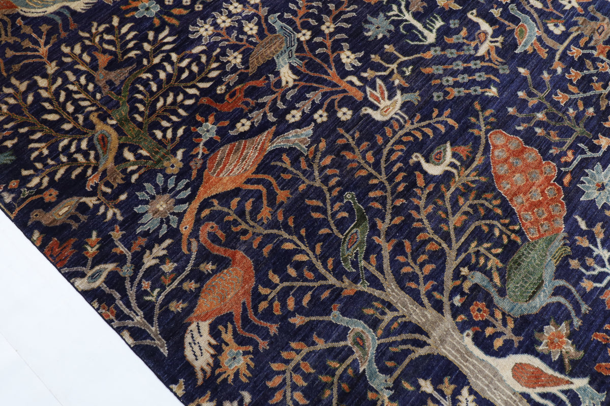 250 x 300 cm | Birds Blue design Hand Knotted veg Dye Wool Afghan Carpet