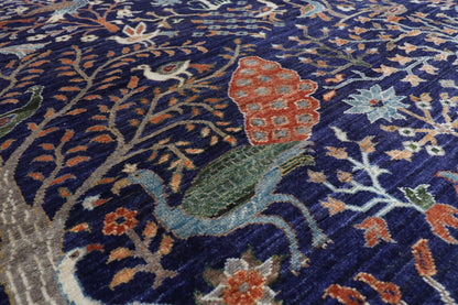 250 x 300 cm | Birds Blue design Hand Knotted veg Dye Wool Afghan Carpet