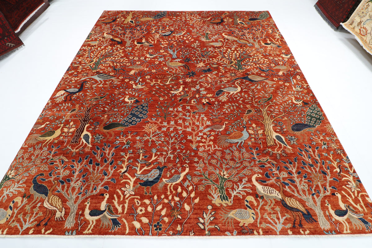 255 x 302 cm | Birds Orange Design Hand Knotted veg Dye Wool Afghan Carpet