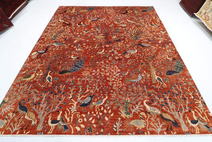 255 x 302 cm | Birds Orange Design Hand Knotted veg Dye Wool Afghan Carpet