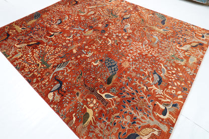255 x 302 cm | Birds Orange Design Hand Knotted veg Dye Wool Afghan Carpet