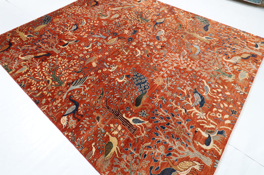 255 x 302 cm | Birds Orange Design Hand Knotted veg Dye Wool Afghan Carpet