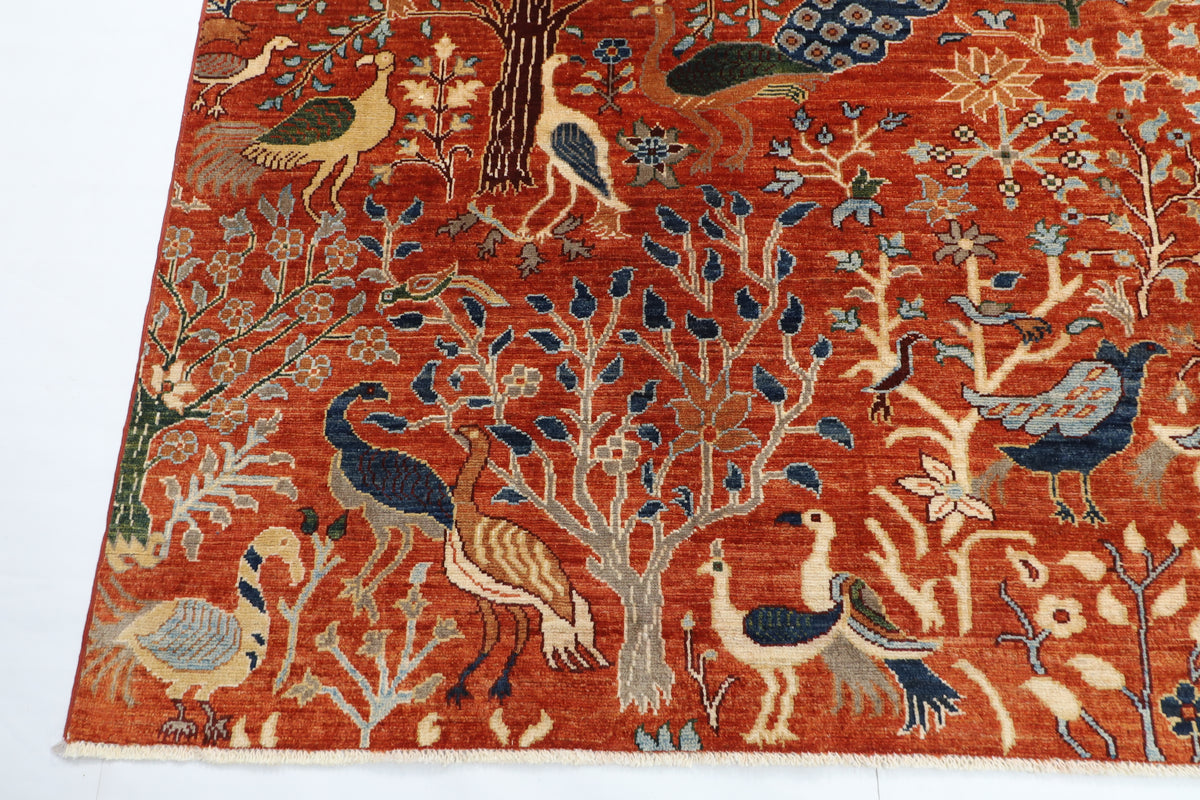 255 x 302 cm | Birds Orange Design Hand Knotted veg Dye Wool Afghan Carpet