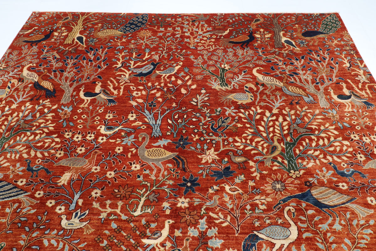 255 x 302 cm | Birds Orange Design Hand Knotted veg Dye Wool Afghan Carpet