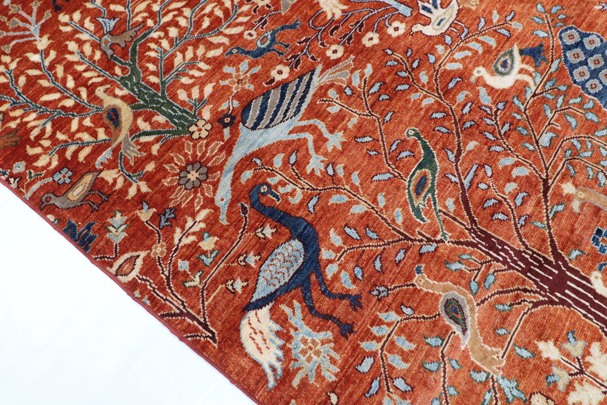 255 x 302 cm | Birds Orange Design Hand Knotted veg Dye Wool Afghan Carpet