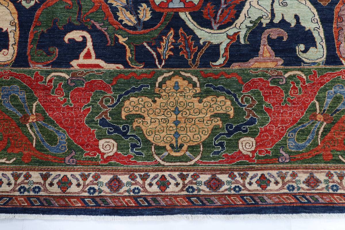 307 x 423 cm | kawros Blue Design Hand Knotted veg Dye Wool Afghan Carpet