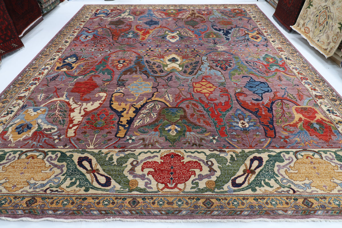 367 x 455 cm | large kawros Pink Design Hand Knotted veg Dye Wool Afghan Carpet