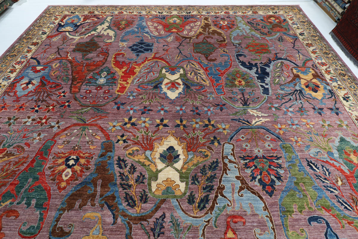 367 x 455 cm | large kawros Pink Design Hand Knotted veg Dye Wool Afghan Carpet